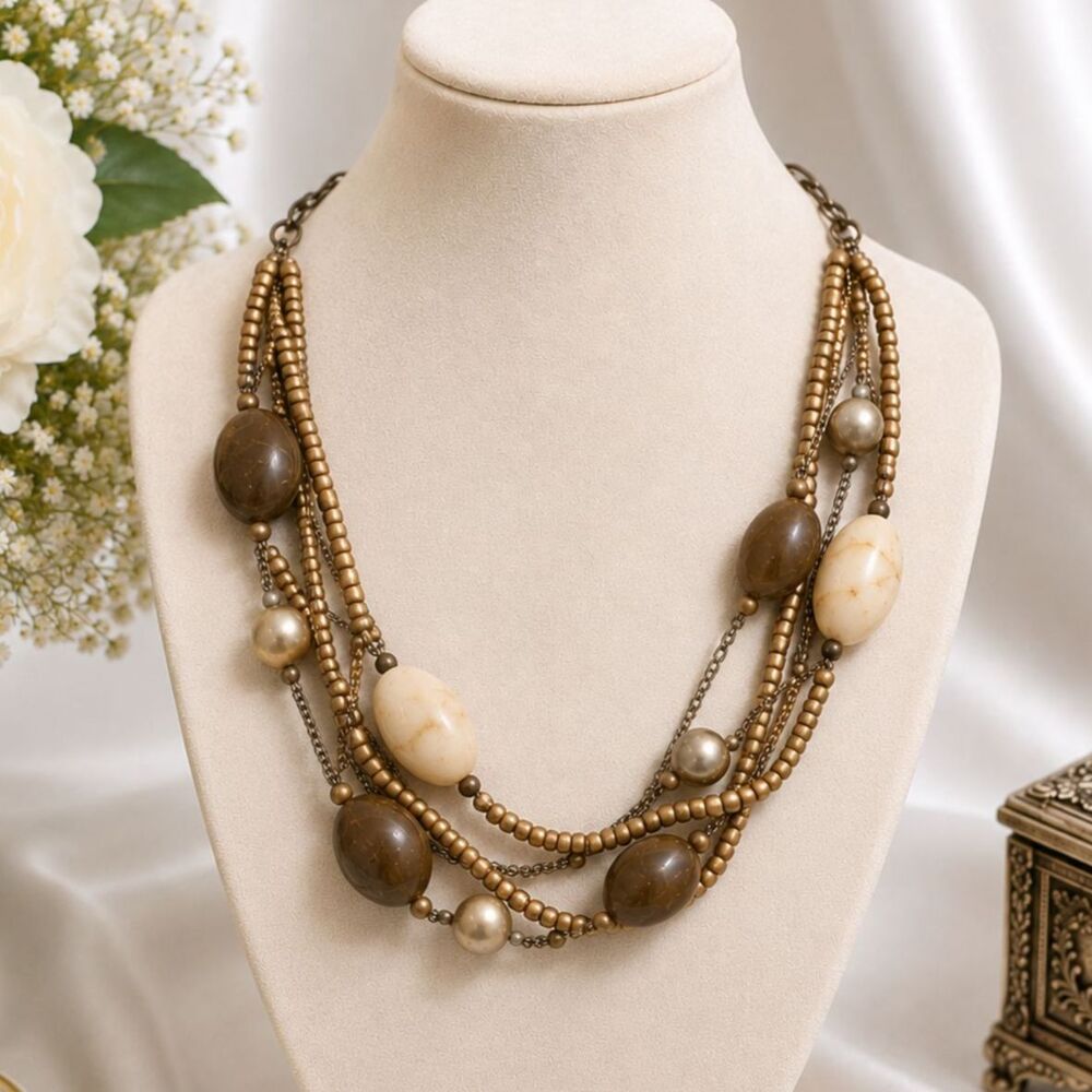 Gold Earth Tone Beaded Multi Strand Necklace Beige Brown Boho 18"
